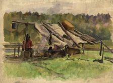A Woman by the Fire and Tent, 1927. Creator: Dmitrii Innokent'evich Karatanov