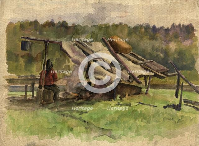 A Woman by the Fire and Tent, 1927. Creator: Dmitrii Innokent'evich Karatanov.