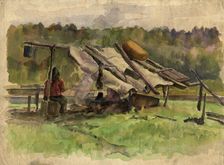A Woman by the Fire and Tent, 1927. Creator: Dmitrii Innokent'evich Karatanov