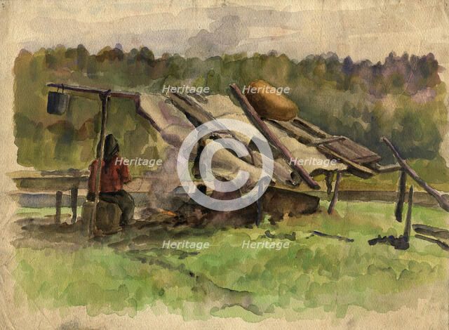 A Woman by the Fire and Tent, 1927. Creator: Dmitrii Innokent'evich Karatanov.