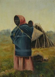 A woman carrying a baby on her back, a tent in the background, between 1800 and 1899. Creator: Unknown