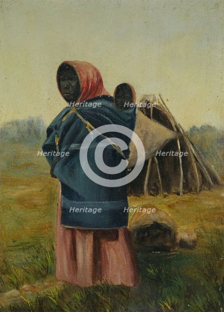 A woman carrying a baby on her back, a tent in the background, between 1800 and 1899. Creator: Unknown.