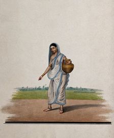 A woman carrying a brass utensil, (between 1800 and 1899?). Creator: Unknown