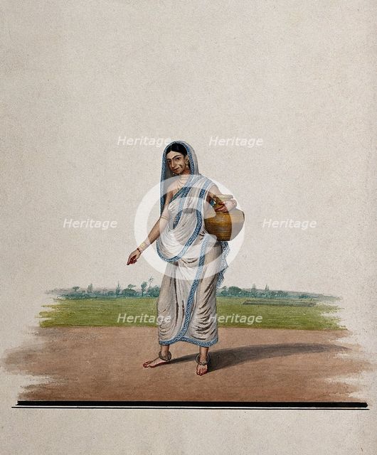 A woman carrying a brass utensil, (between 1800 and 1899?). Creator: Unknown.