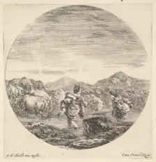 A woman carrying a child in center, seen from behind, another woman to right, facin..., ca. 1643-48. Creator: Stefano della Bella
