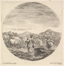 A woman carrying a child in center, seen from behind, another woman to right, facin..., ca. 1643-48. Creator: Stefano della Bella