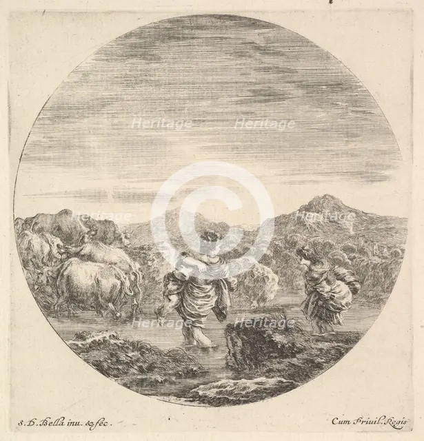 A woman carrying a child in center, seen from behind, another woman to right, facin..., ca. 1643-48. Creator: Stefano della Bella.