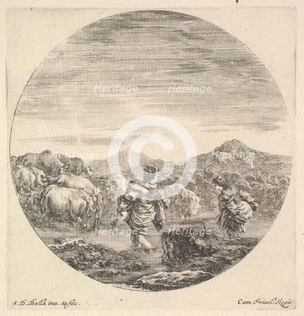 A woman carrying a child in center, seen from behind, another woman to right, facin..., ca. 1643-48. Creator: Stefano della Bella.