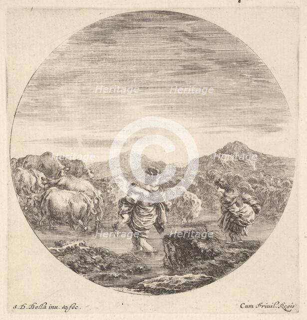 A woman carrying a child in center, seen from behind, another woman to right, facin..., ca. 1643-48. Creator: Stefano della Bella.