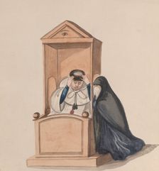 A woman confessing to a priest, from a group of drawings depicting Peruvian costume, ca. 1848. Creator: Attributed to Francisco (Pancho) Fierro