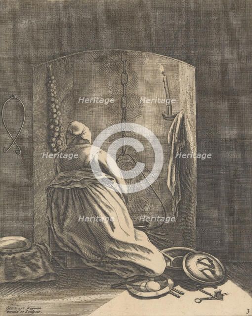 A Woman Cooking, Plate 3 from Five Feminine Occupations, ca. 1640-57., ca. 1640-57. Creator: Geertruydt Roghman.