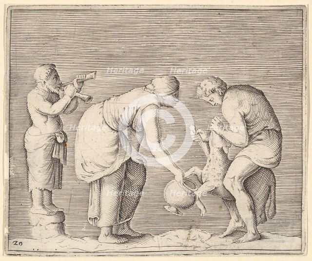 A Woman Collecting Blood from a Sheep, published ca. 1599-1622. Creator: Unknown.