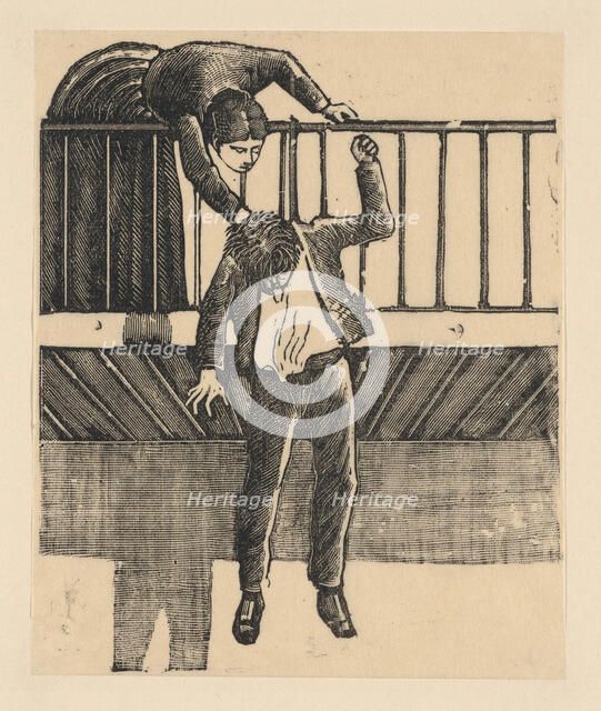 A woman discovering a man who has committed suicide by hanging himself from a bal..., ca. 1900-1910. Creator: José Guadalupe Posada.