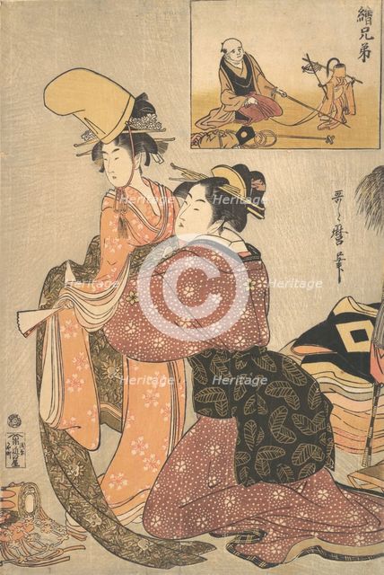 A Woman Dressing a Girl for a the Kabuki Dance “Musume Dojoji..., ca. 1795-96. Creator: Kitagawa Utamaro.
