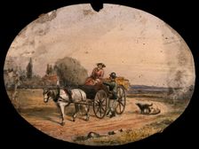 A woman driving a horse-drawn cart loaded with hay has stopped on the road to speak to a man... Creator: Unknown
