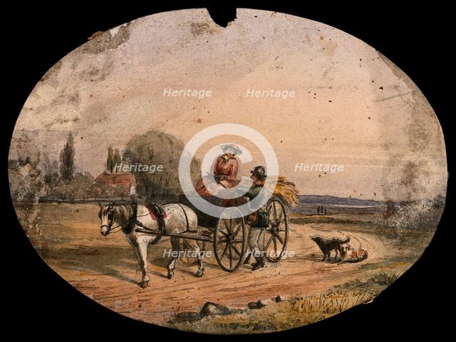 A woman driving a horse-drawn cart loaded with hay has stopped on the road to speak to a man... Creator: Unknown.