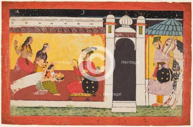 A woman faints before a prince, a night scene from a Madhavanala Kamakandala series, c. 1700. Creator: Unknown.