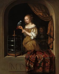 A Woman Feeding a Parrot, with a Page, 1666. Creator: Gaspar Netscher