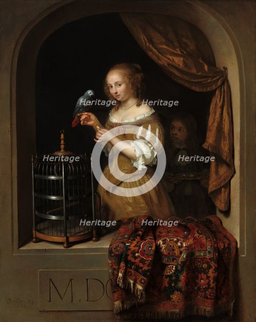 A Woman Feeding a Parrot, with a Page, 1666. Creator: Gaspar Netscher.