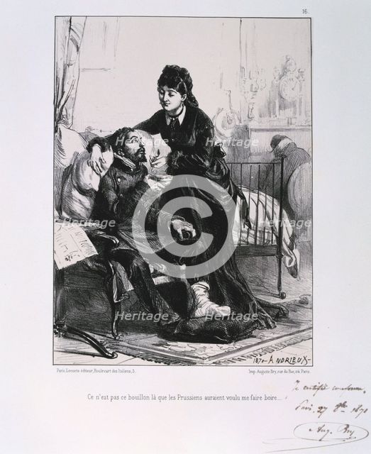 A woman feeding a wounded soldier soup, Siege of Paris, Franco-Prussian War, 1870 (1871). Artist: Auguste Bry