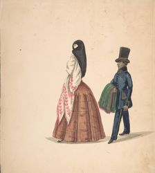 A Woman, Followed by Her Servant, 1840-50. Creator: Anon