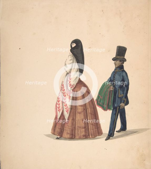A Woman, Followed by Her Servant, 1840-50. Creator: Anon.