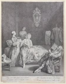A woman getting out of bed in an elegant interior, with two servants about to help her get..., 1748. Creator: Charles Joseph Flipart