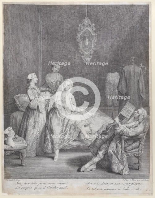 A woman getting out of bed in an elegant interior, with two servants about to help her get..., 1748. Creator: Charles Joseph Flipart.