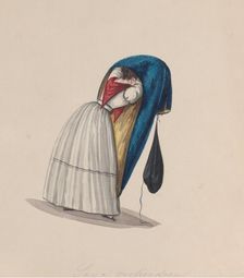 A woman getting into her saya viewed from behind, from a group of drawings depicting..., ca. 1848. Creator: Attributed to Francisco (Pancho) Fierro