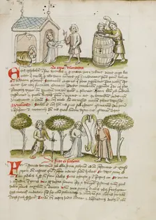 A Woman Greating a Man before her House in which a Man and A Woman..., third quarter of 15th century Creator: Unknown