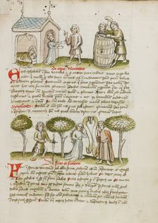 A Woman Greating a Man before her House in which a Man and A Woman..., third quarter of 15th century Creator: Unknown