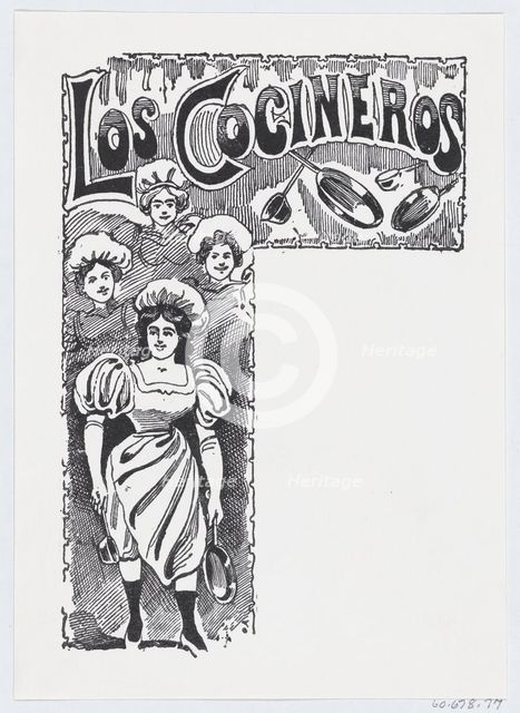 A woman holding a pan and ladle with other women and cooking supplies in the back..., ca. 1880-1910. Creator: José Guadalupe Posada.