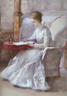 A Woman in White Writing at a Desk c1864-1930. Artist: Anna Lea Merritt