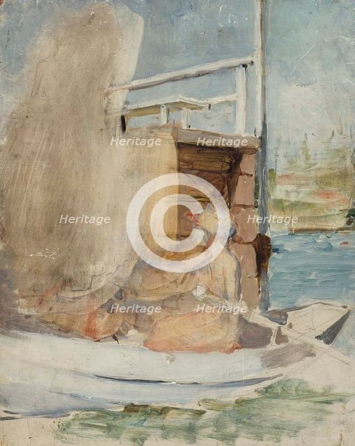 A woman in a boat by the pier, c1890s. Creator: Albert Edelfelt.
