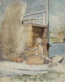 A woman in a boat by the pier, c1890s. Creator: Albert Edelfelt