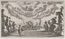 A woman in a chariot arrives at the ruins of a building as the Olympian gods look down fro..., 1668. Creator: Mathäus Küsel