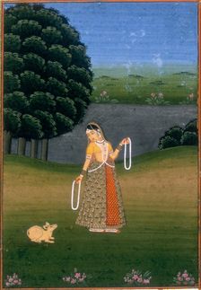 A woman in a garden, beckoning a cowering animal, (c17th-c18th century?). Creator: Unknown