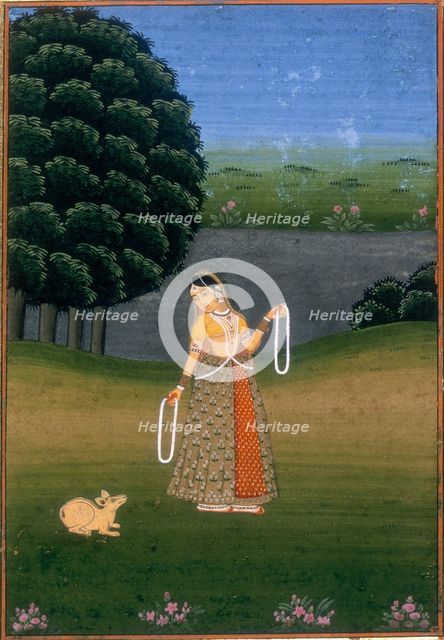 A woman in a garden, beckoning a cowering animal, (c17th-c18th century?). Creator: Unknown.