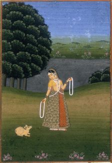 A woman in a garden, beckoning a cowering animal, (c17th-c18th century?). Creator: Unknown