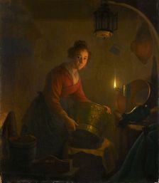 A Woman in a Kitchen by Candlelight, c.1830. Creator: Michiel Versteegh