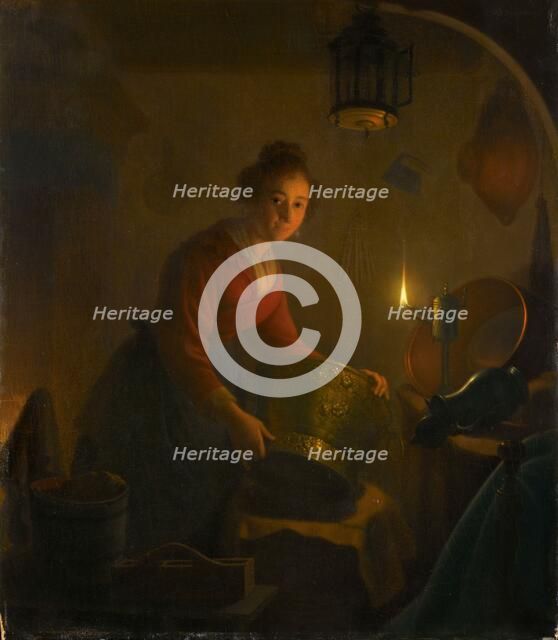 A Woman in a Kitchen by Candlelight, c.1830. Creator: Michiel Versteegh.