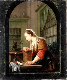 A woman in a pharmacy with a urine flask and a monkey holding an empty flask at a casement, 1780. Creator: Jacob Toorenvliet