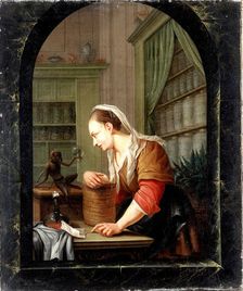 A woman in a pharmacy with a urine flask and a monkey holding an empty flask at a casement, 1780. Creator: Jacob Toorenvliet