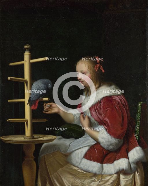 A Woman in a Red Jacket feeding a Parrot, ca 1663. Artist: Mieris, Frans van, the Elder (1635-1681)