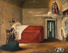 A woman in bed, a second woman kneeling beside her in prayer to the Virgin and Child, 19th century. Creator: Unknown