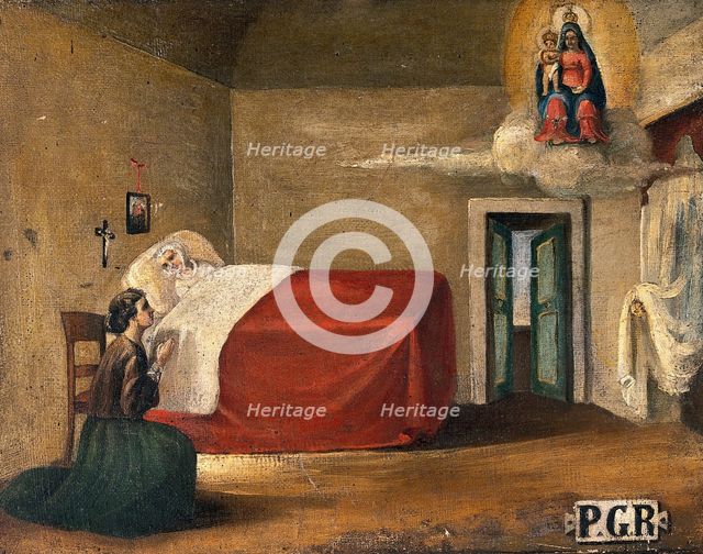 A woman in bed, a second woman kneeling beside her in prayer to the Virgin and Child, 19th century. Creator: Unknown.