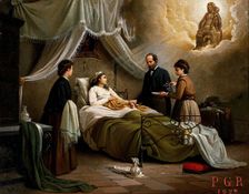 A woman in bed in a sick-room, attended by a physician, receiving the blessing of the..., 1872. Creators: Unknown, R Pistoni