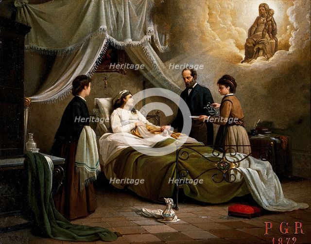 A woman in bed in a sick-room, attended by a physician, receiving the blessing of the..., 1872. Creators: Unknown, R Pistoni.