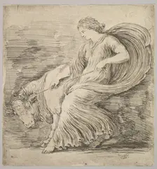 A woman in profile pulling back on a rope tied around the horns of a young bull, ca. 1660. Creator: Stefano della Bella
