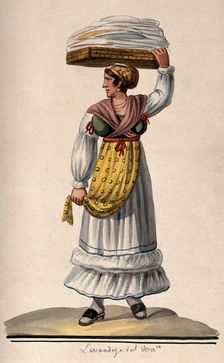 A woman is holding a large flat basket of washing on her head. Creator: Unknown